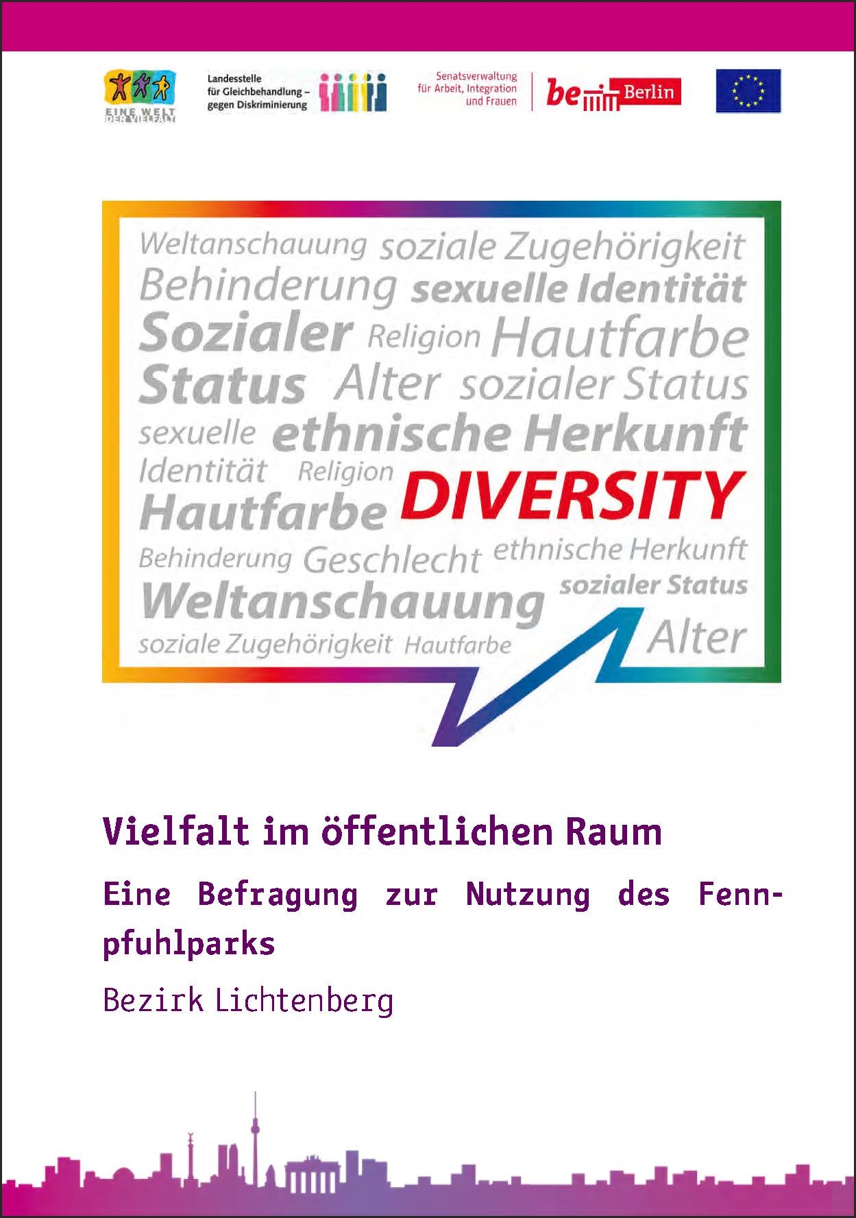 Cover der Broschüre Vielfalt im öffentlichen Raum zur Nutzung des Fennpfuhlparks im Bezirk Lichtenberg